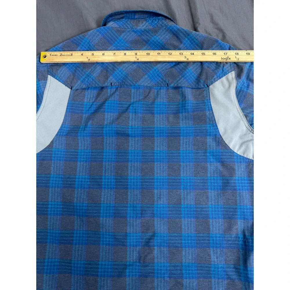 Stio Hagen Trail Shirt Mens‎ Medium Blue Plaid S/S Snap Button UPF 50 Vented